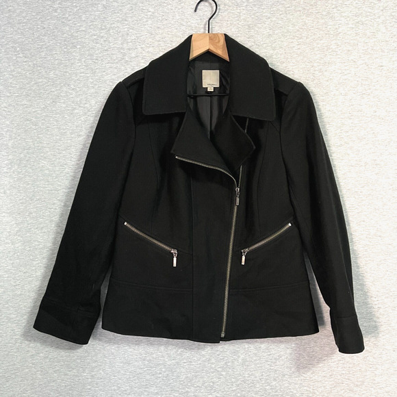 Halogen Jacket Womens Medium Black Full Zip Wool Blend Woven Moto Blazer Goth - Picture 1 of 14